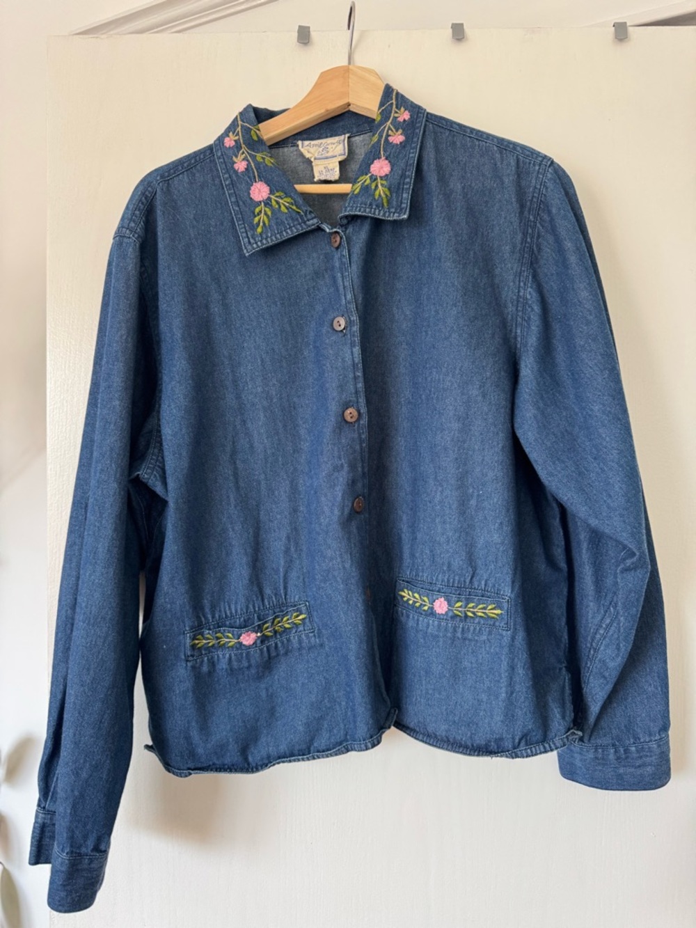 Vintage April Cornell Blue Denim Jacket with Pink Floral Embroidery